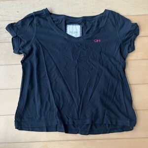 Navy V-Neck T-Shirt with Pink Logo
